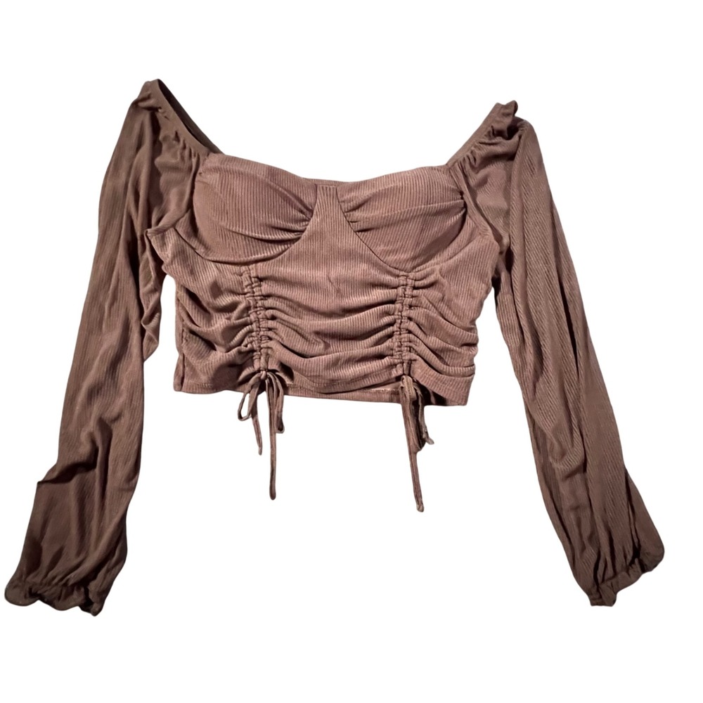 Madden NYC Crop Top‎ Womens Large Brown Ruched Bustier Ribbed Long Sleeve